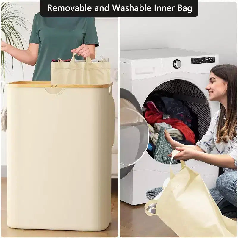 Panier à linge 2 compartiments avec 2 sacs amovibles, panier pliable de 160 L avec couvercle et poignées en bambou