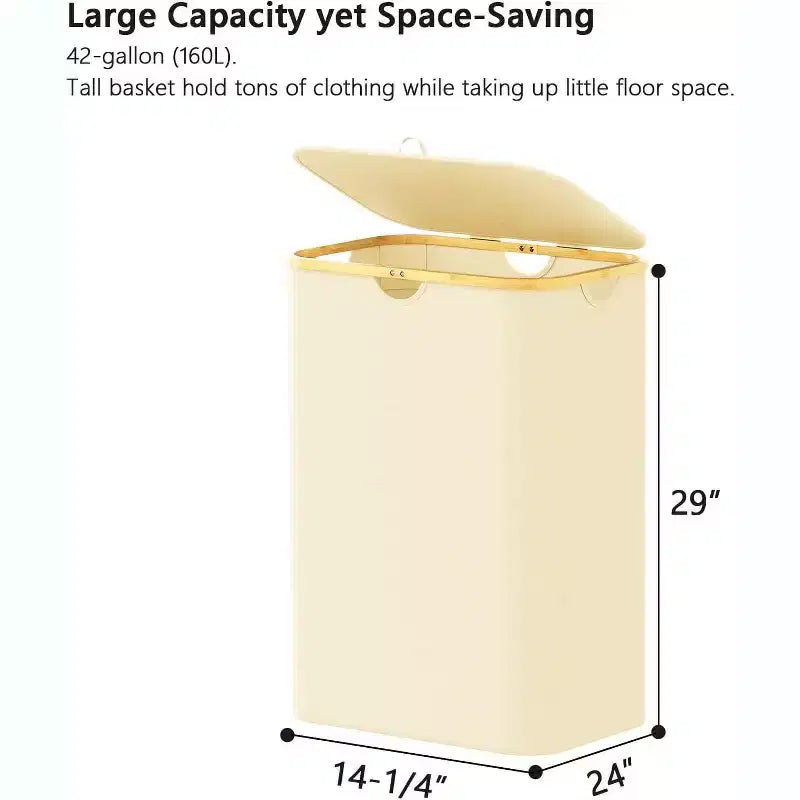 Panier à linge 2 compartiments avec 2 sacs amovibles, panier pliable de 160 L avec couvercle et poignées en bambou
