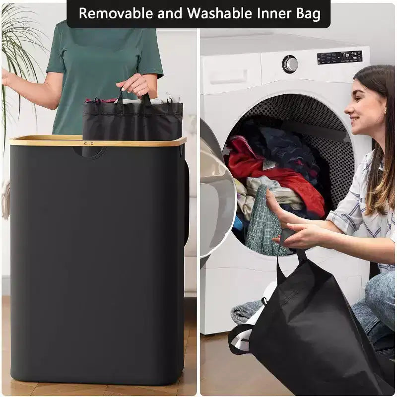 Panier à linge 2 compartiments avec 2 sacs amovibles, panier pliable de 160 L avec couvercle et poignées en bambou