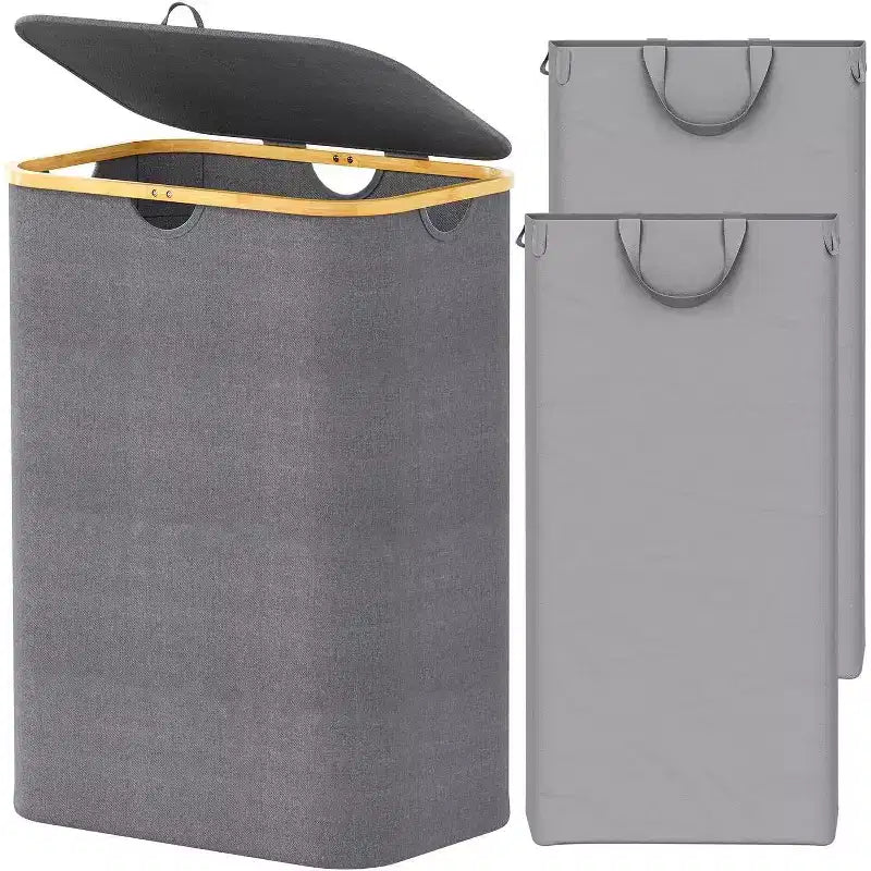 Panier à linge 2 compartiments avec 2 sacs amovibles, panier pliable de 160 L avec couvercle et poignées en bambou
