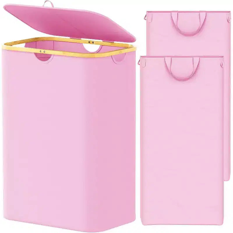 Panier à linge 2 compartiments avec 2 sacs amovibles, panier pliable de 160 L avec couvercle et poignées en bambou
