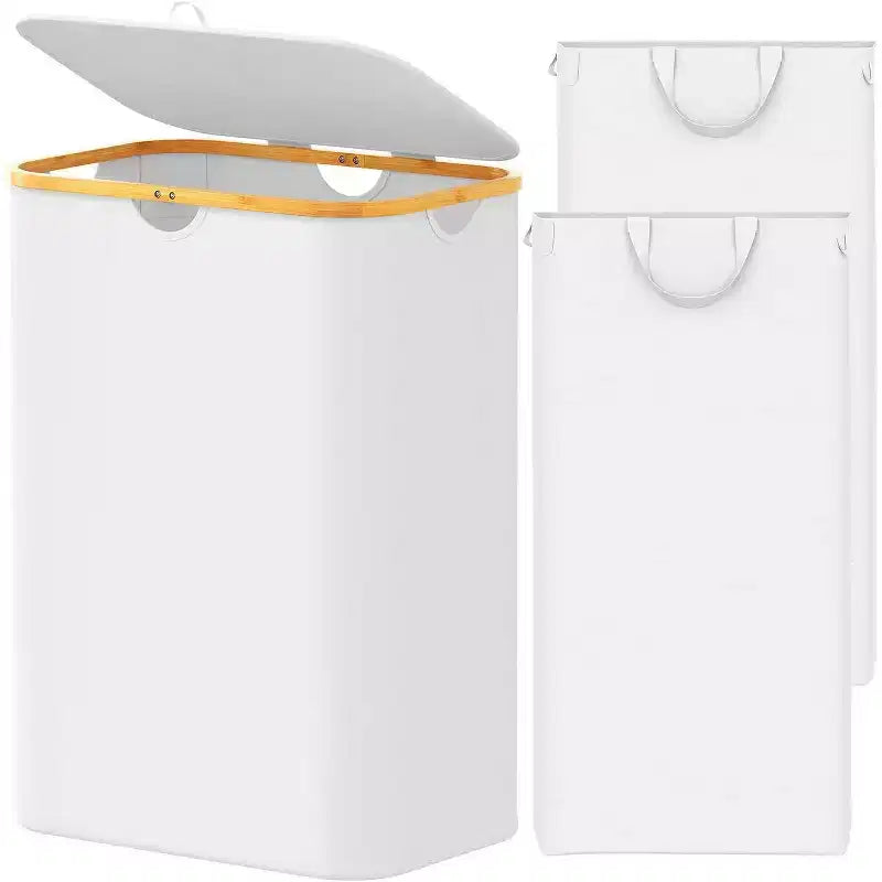 Panier à linge 2 compartiments avec 2 sacs amovibles, panier pliable de 160 L avec couvercle et poignées en bambou