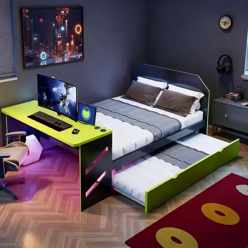 Lit de repos double avec bureau intégré, chargement USB et lit gigogne, lit multifonctionnel peu encombrant pour chambre d'amis et gaming