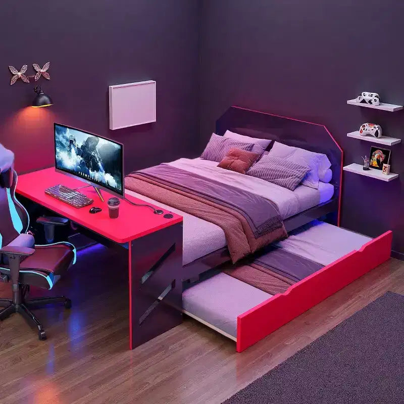 Lit de repos double avec bureau intégré, chargement USB et lit gigogne, lit multifonctionnel peu encombrant pour chambre d'amis et gaming