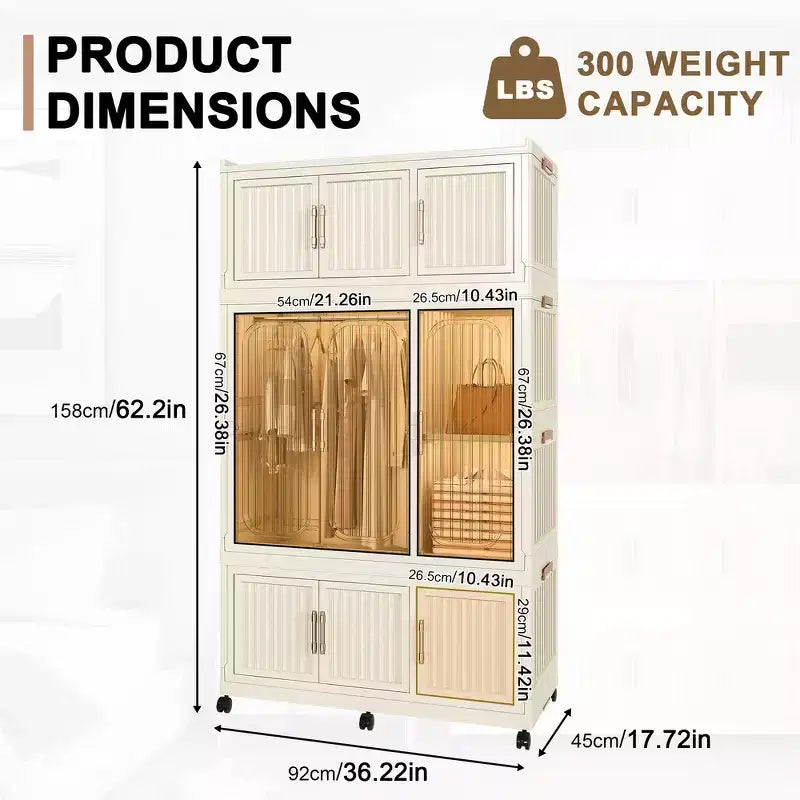 Organisateur de Rangement pour Armoire/Penderie, 9 Portes Magnétiques, 9 Cubes & 1 Tringle, 6 Cintres Inclus, Cadre en Polypropylène