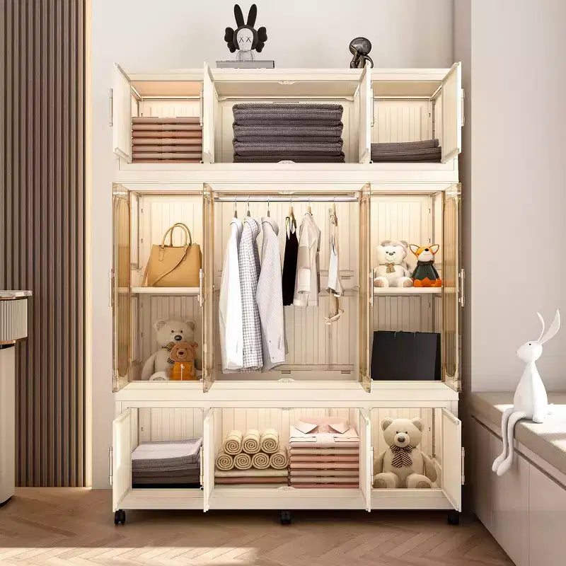 Organisateur de Rangement pour Armoire/Penderie, 9 Portes Magnétiques, 9 Cubes & 1 Tringle, 6 Cintres Inclus, Cadre en Polypropylène