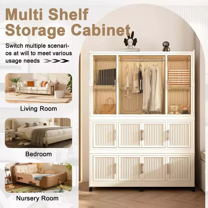Organisateur de Rangement pour Armoire/Penderie, 9 Portes Magnétiques, 9 Cubes & 1 Tringle, 6 Cintres Inclus, Cadre en Polypropylène