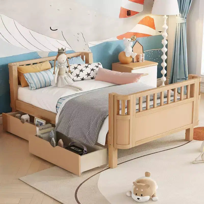 Lit plateforme en bois pour enfants, double/complet, profil bas avec barrières de sécurité et tiroirs de rangement, pin massif et MDF, chambre à coucher