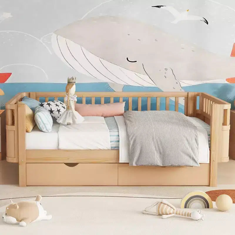 Lit plateforme en bois pour enfants, double/complet, profil bas avec barrières de sécurité et tiroirs de rangement, pin massif et MDF, chambre à coucher