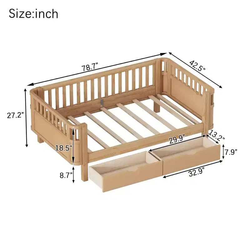 Lit plateforme en bois pour enfants, double/complet, profil bas avec barrières de sécurité et tiroirs de rangement, pin massif et MDF, chambre à coucher