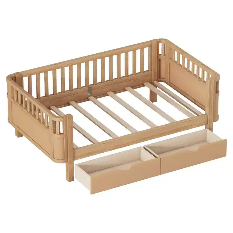 Lit plateforme en bois pour enfants, double/complet, profil bas avec barrières de sécurité et tiroirs de rangement, pin massif et MDF, chambre à coucher