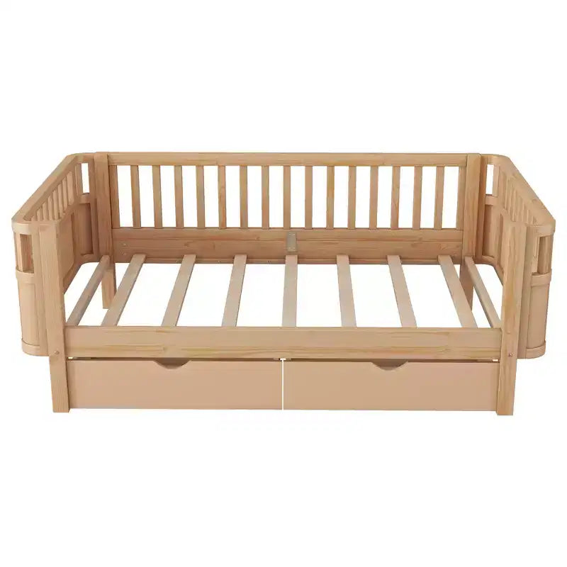 Lit plateforme en bois pour enfants, double/complet, profil bas avec barrières de sécurité et tiroirs de rangement, pin massif et MDF, chambre à coucher