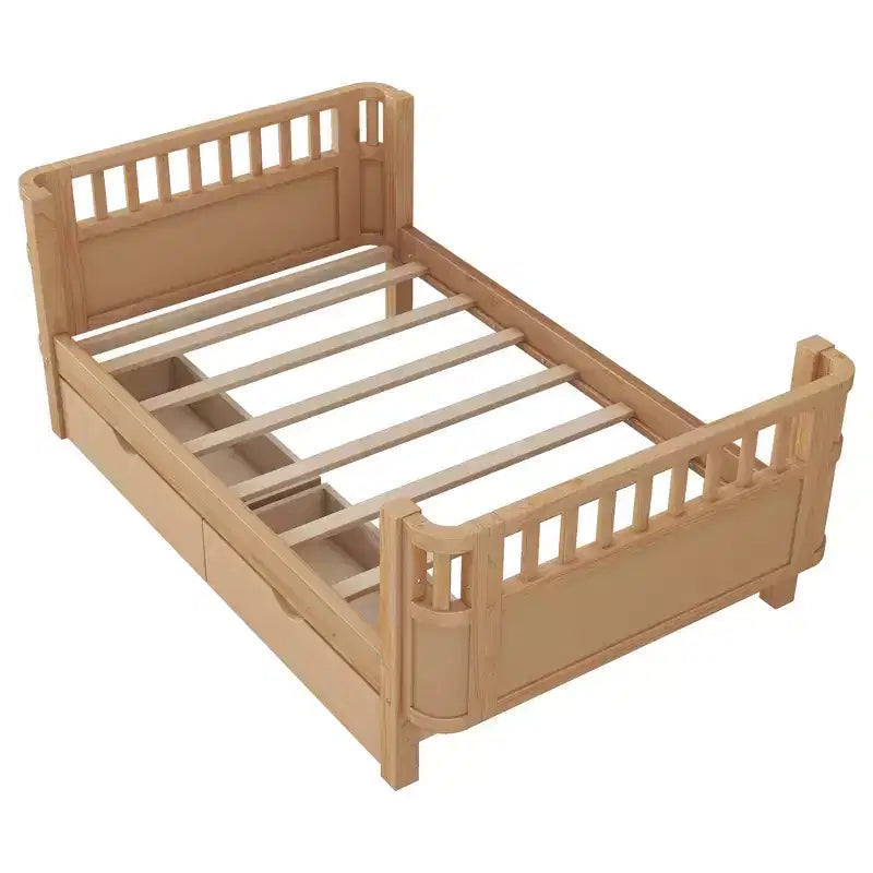 Lit plateforme en bois pour enfants, double/complet, profil bas avec barrières de sécurité et tiroirs de rangement, pin massif et MDF, chambre à coucher