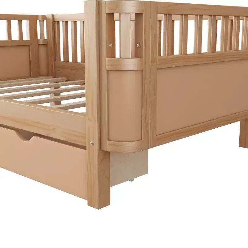 Lit plateforme en bois pour enfants, double/complet, profil bas avec barrières de sécurité et tiroirs de rangement, pin massif et MDF, chambre à coucher