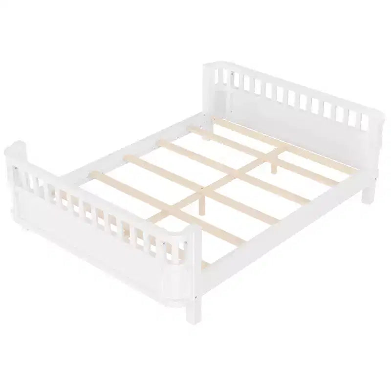Lit plateforme complet avec barrières de sécurité et clôture amovible, en bois massif, blanc, pour enfants