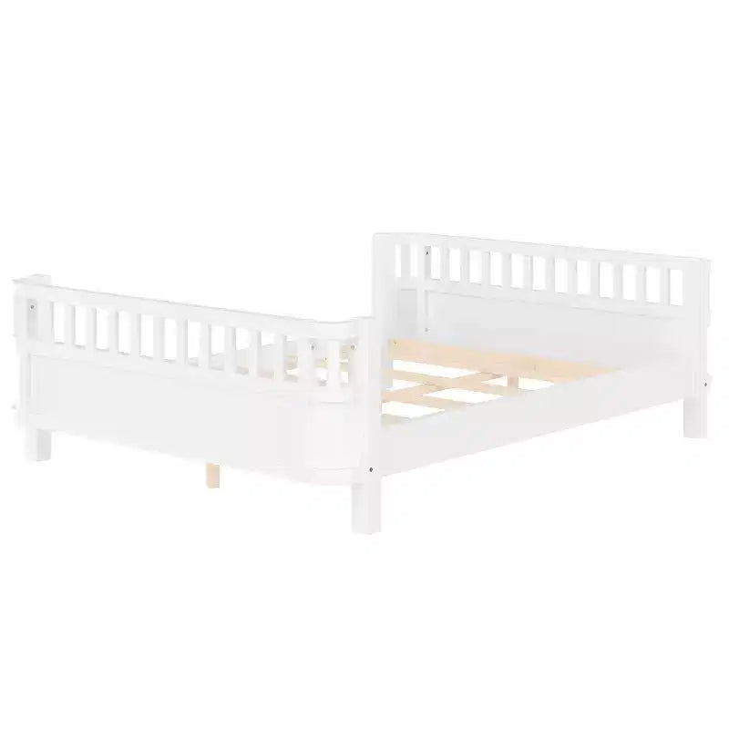 Lit plateforme complet avec barrières de sécurité et clôture amovible, en bois massif, blanc, pour enfants