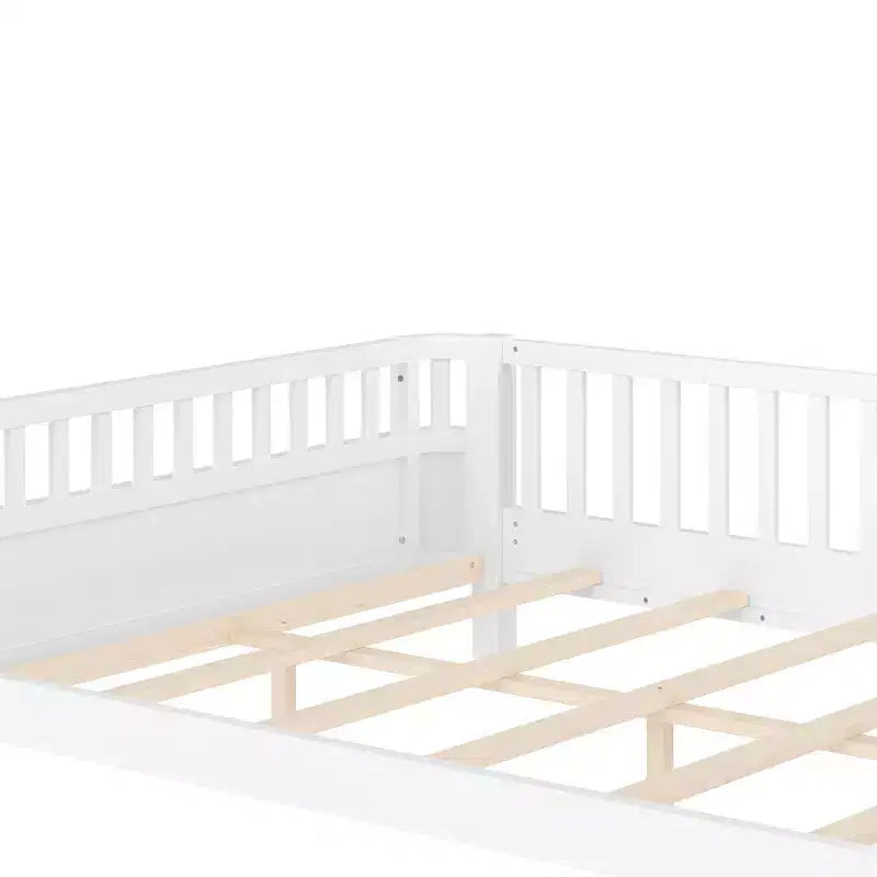 Lit plateforme complet avec barrières de sécurité et clôture amovible, en bois massif, blanc, pour enfants