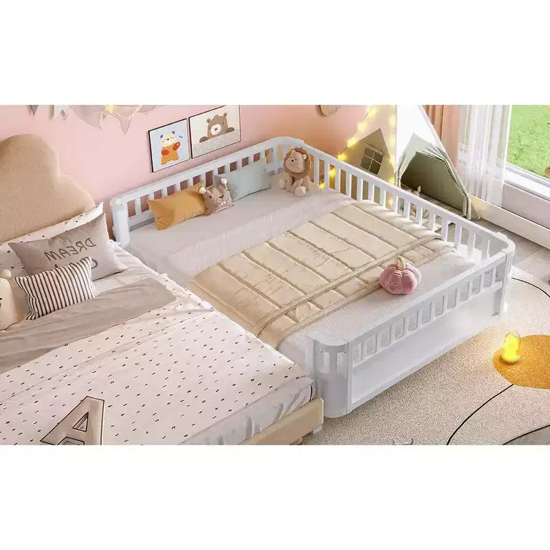 Lit plateforme complet avec barrières de sécurité et clôture amovible, en bois massif, blanc, pour enfants