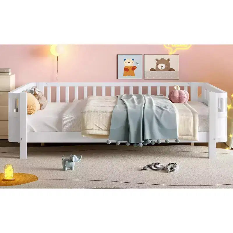 Lit plateforme complet avec barrières de sécurité et clôture amovible, en bois massif, blanc, pour enfants
