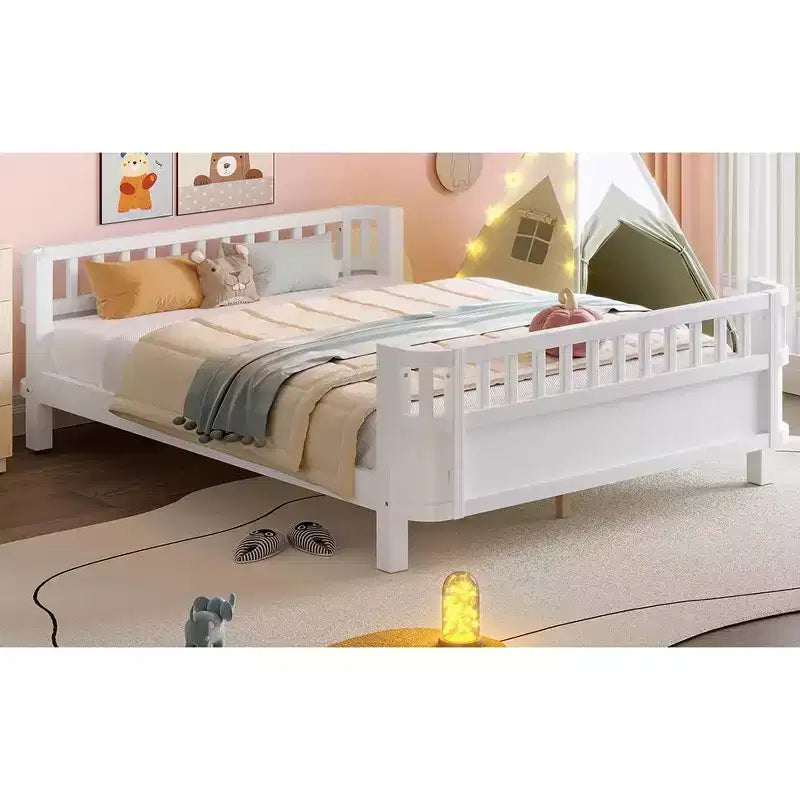 Lit plateforme complet avec barrières de sécurité et clôture amovible, en bois massif, blanc, pour enfants
