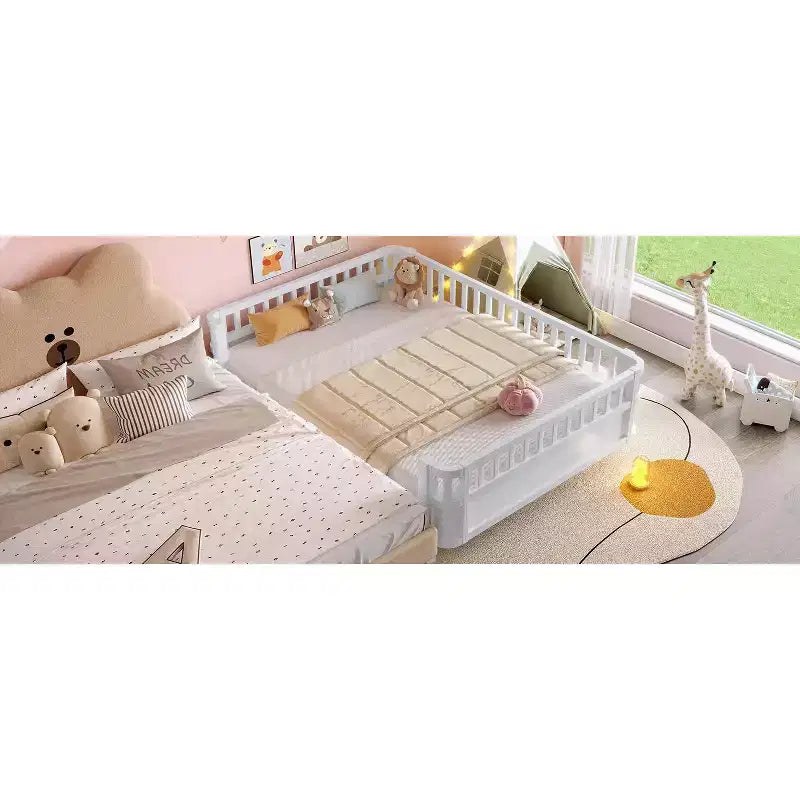 Lit plateforme complet avec barrières de sécurité et clôture amovible, en bois massif, blanc, pour enfants