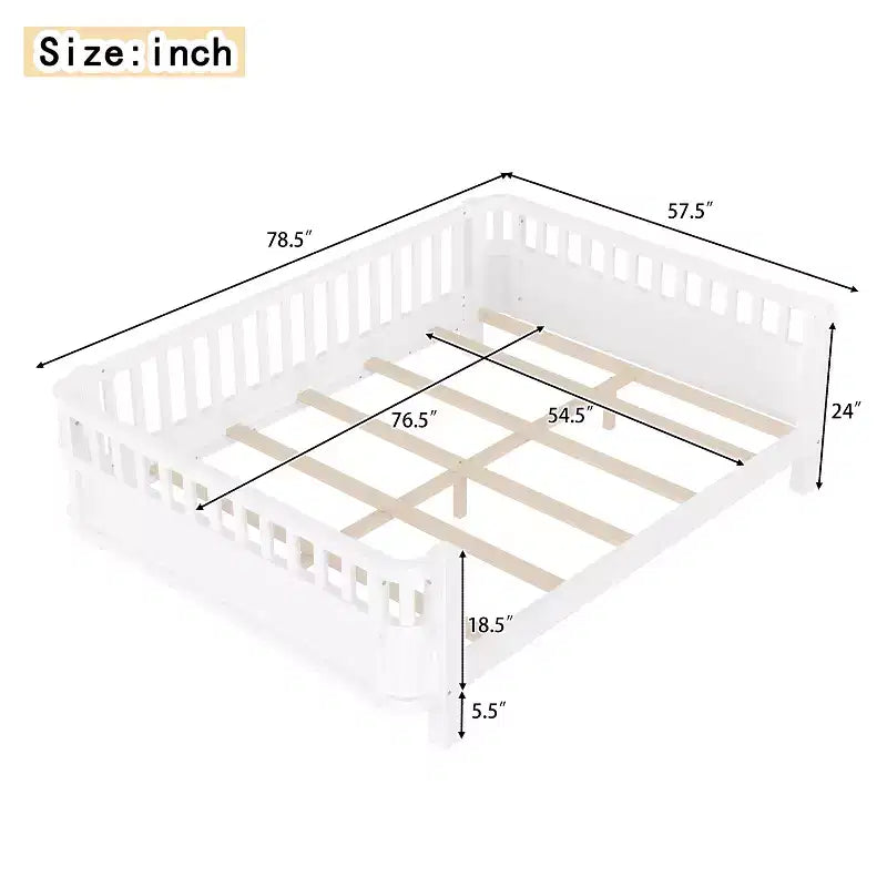 Lit plateforme complet avec barrières de sécurité et clôture amovible, en bois massif, blanc, pour enfants