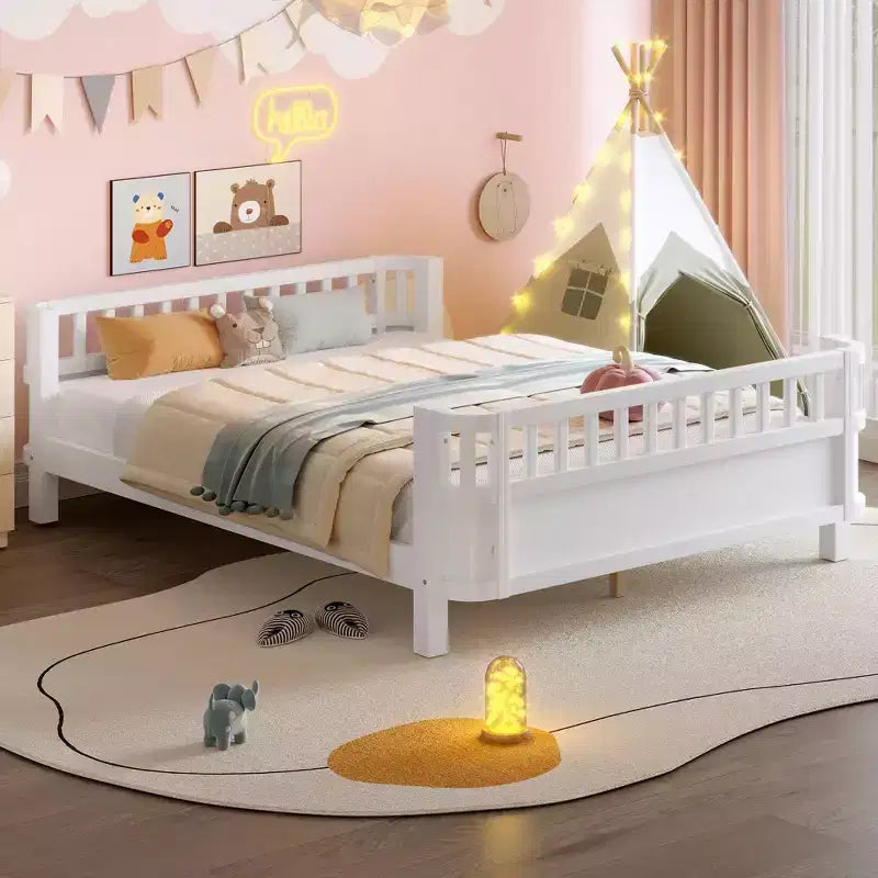 Lit plateforme complet avec barrières de sécurité et clôture amovible, en bois massif, blanc, pour enfants