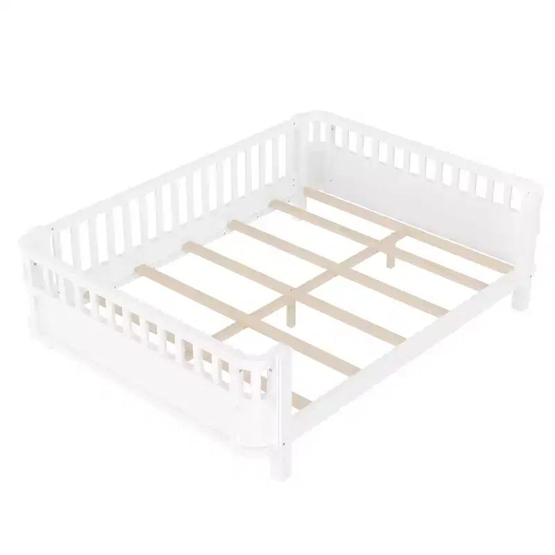 Lit plateforme complet avec barrières de sécurité et clôture amovible, en bois massif, blanc, pour enfants