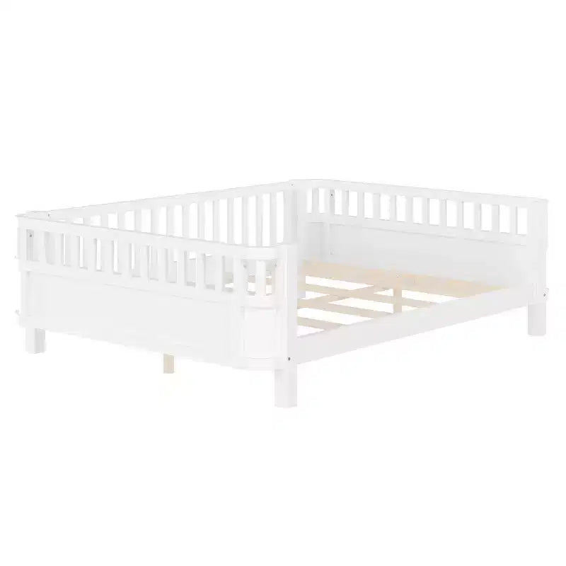 Lit plateforme complet avec barrières de sécurité et clôture amovible, en bois massif, blanc, pour enfants