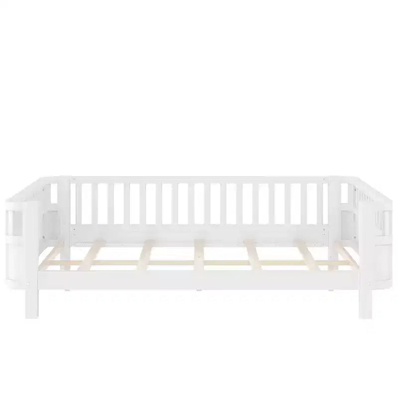 Lit plateforme complet avec barrières de sécurité et clôture amovible, en bois massif, blanc, pour enfants