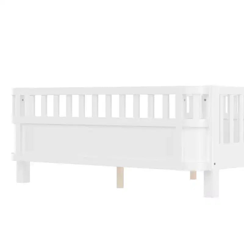 Lit plateforme complet avec barrières de sécurité et clôture amovible, en bois massif, blanc, pour enfants