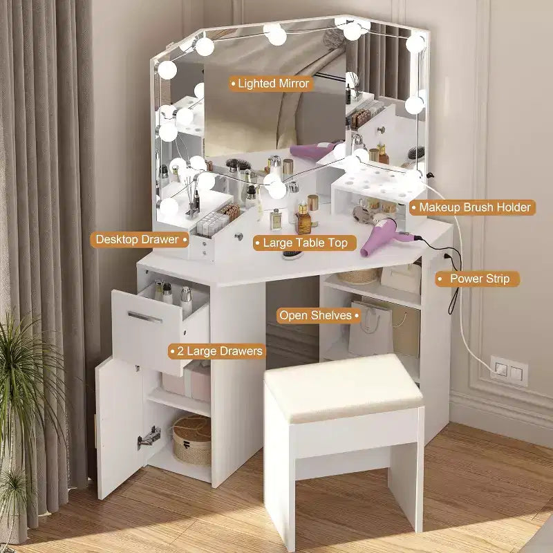 Coiffeuse d'angle moderne avec miroir, prise de courant intégrée, tiroirs et armoires, rangements ouverts, pour chambre à coucher
