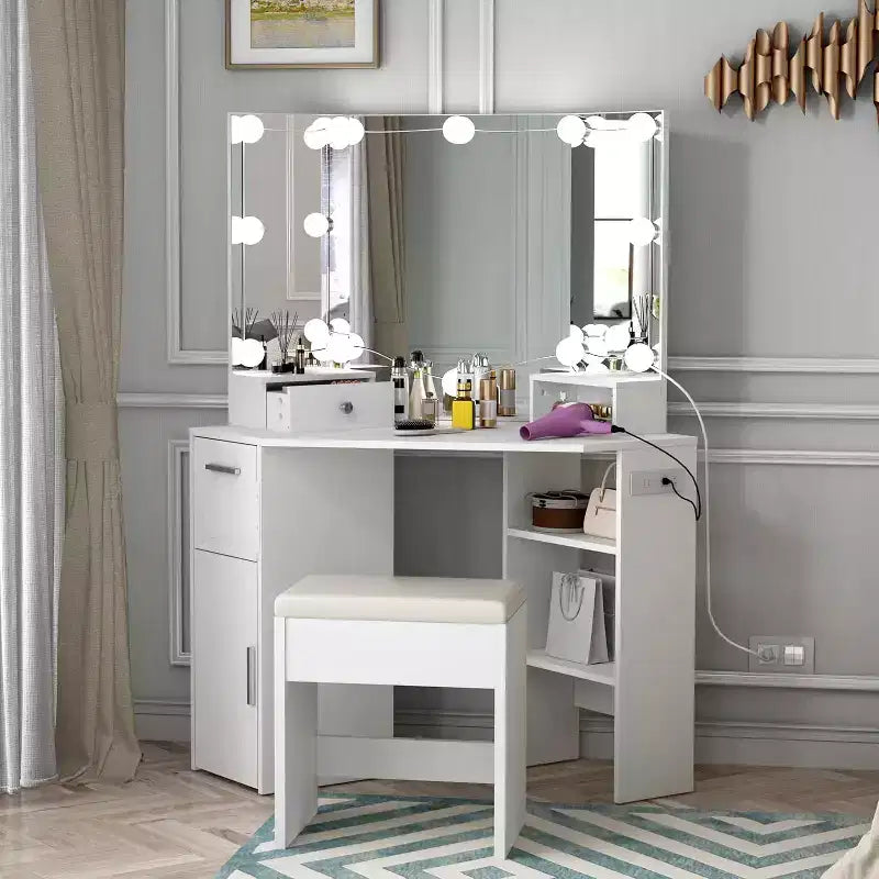 Coiffeuse d'angle moderne avec miroir, prise de courant intégrée, tiroirs et armoires, rangements ouverts, pour chambre à coucher
