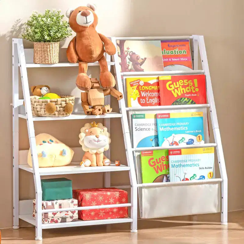Bibliothèque en bois à 4 niveaux et rangement pour jouets avec poches en tissu, Blanc, pour salon