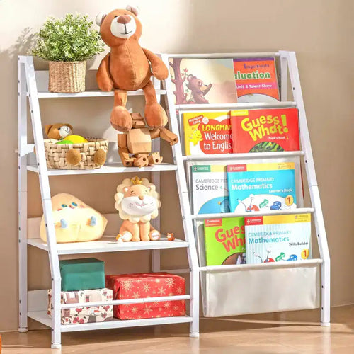 Bibliothèque en bois à 4 niveaux et rangement pour jouets avec poches en tissu, Blanc, pour salon