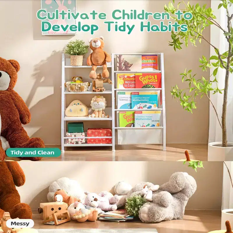 Bibliothèque en bois à 4 niveaux et rangement pour jouets avec poches en tissu, Blanc, pour salon