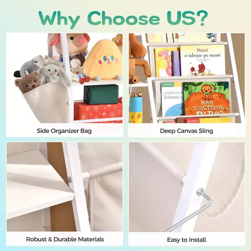 Bibliothèque en bois à 4 niveaux et rangement pour jouets avec poches en tissu, Blanc, pour salon