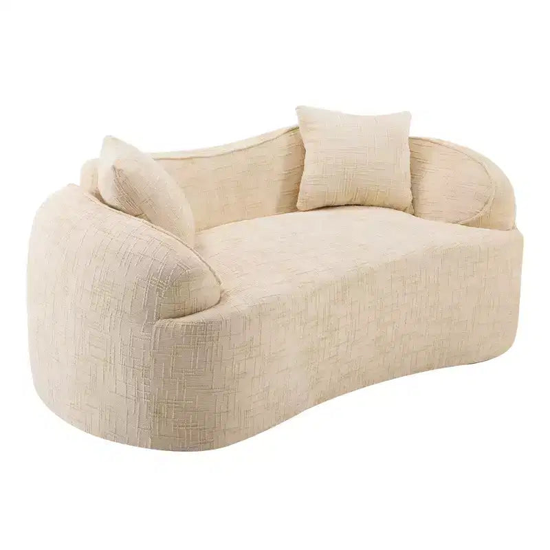 Canapé incurvé 2 places beige avec accoudoirs et 2 coussins, design compact pour toute pièce