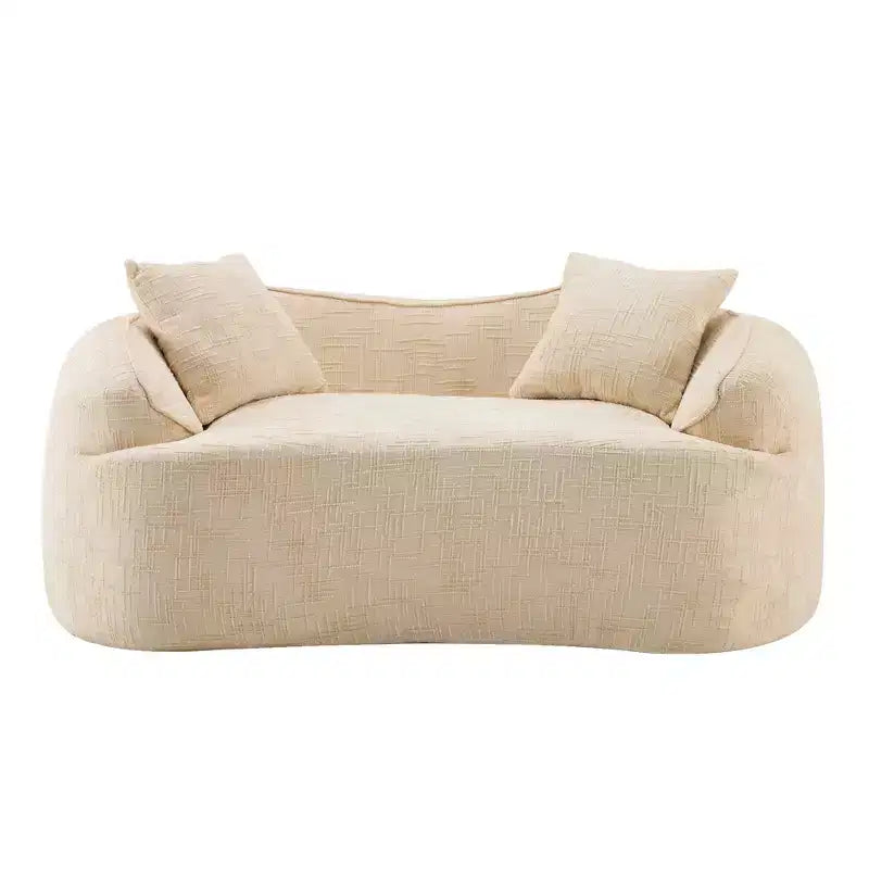 Canapé incurvé 2 places beige avec accoudoirs et 2 coussins, design compact pour toute pièce