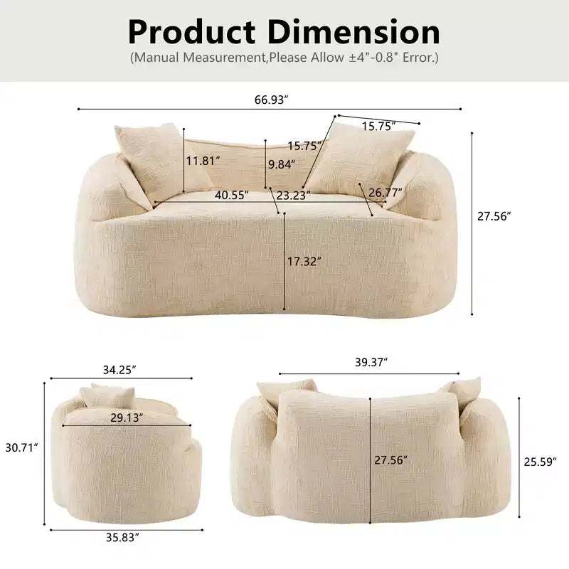 Canapé incurvé 2 places beige avec accoudoirs et 2 coussins, design compact pour toute pièce