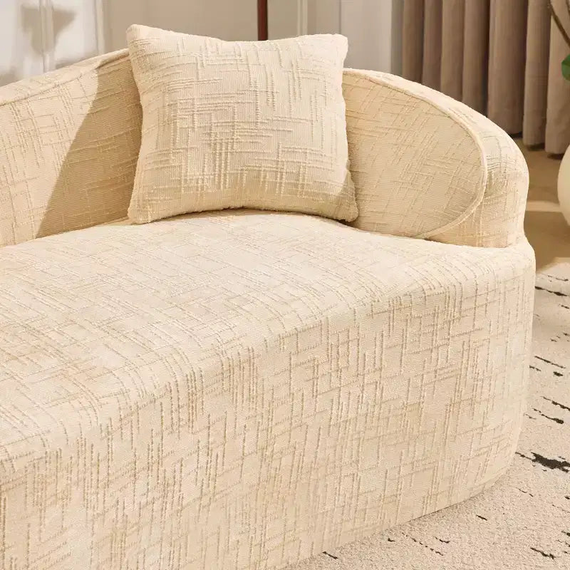 Canapé incurvé 2 places beige avec accoudoirs et 2 coussins, design compact pour toute pièce