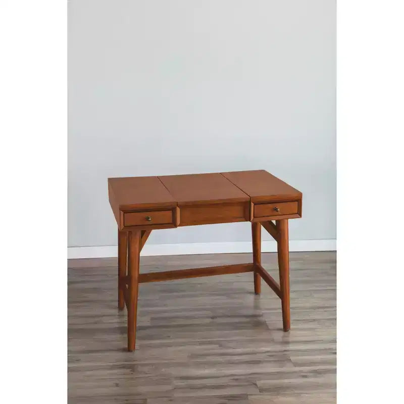 Coiffeuse de chambre mi-siècle avec miroir escamotable et 2 tiroirs, châtaignier