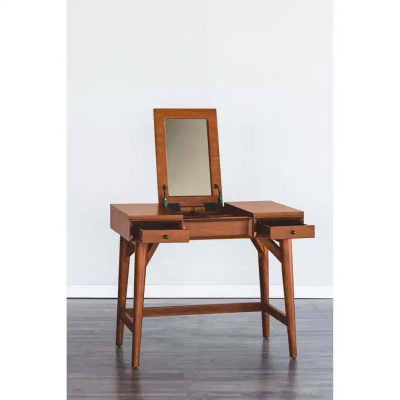 Coiffeuse de chambre mi-siècle avec miroir escamotable et 2 tiroirs, châtaignier
