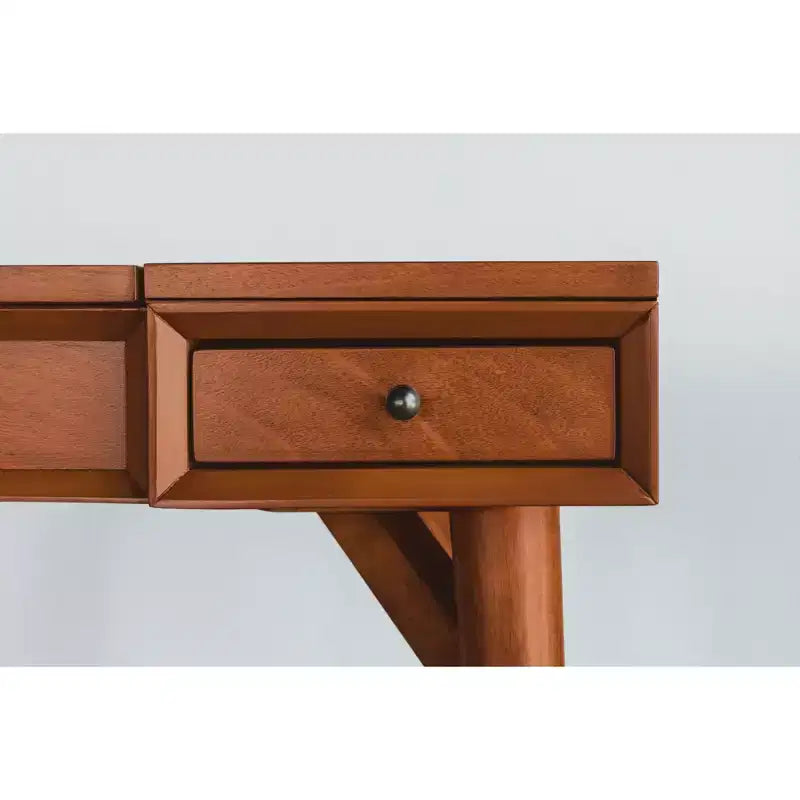 Coiffeuse de chambre mi-siècle avec miroir escamotable et 2 tiroirs, châtaignier