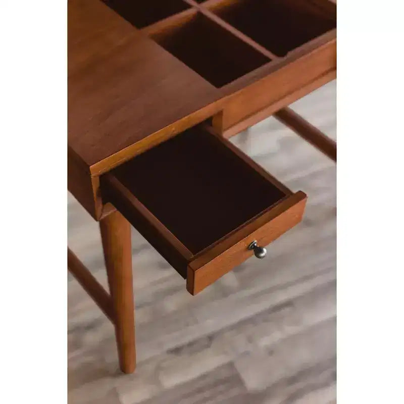 Coiffeuse de chambre mi-siècle avec miroir escamotable et 2 tiroirs, châtaignier