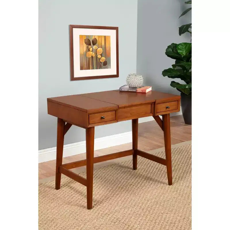 Coiffeuse de chambre mi-siècle avec miroir escamotable et 2 tiroirs, châtaignier