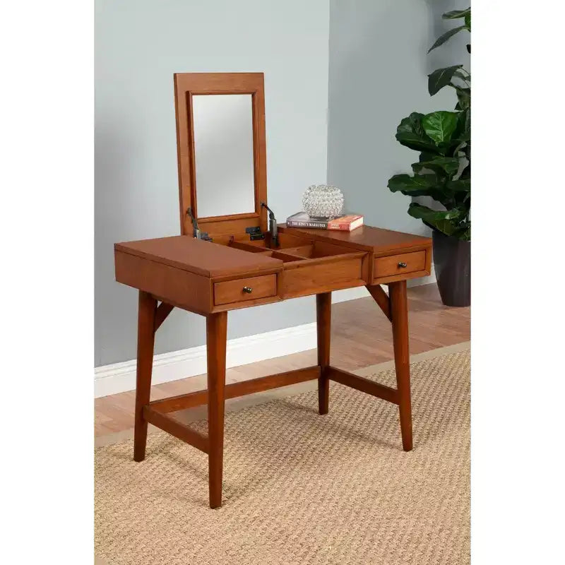 Coiffeuse de chambre mi-siècle avec miroir escamotable et 2 tiroirs, châtaignier
