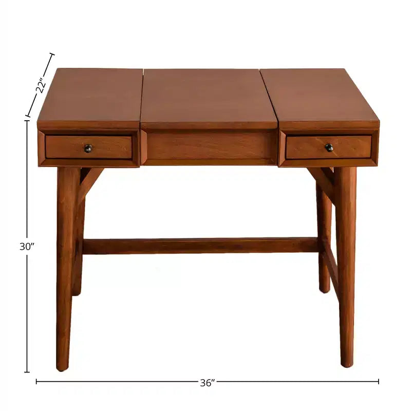 Coiffeuse de chambre mi-siècle avec miroir escamotable et 2 tiroirs, châtaignier