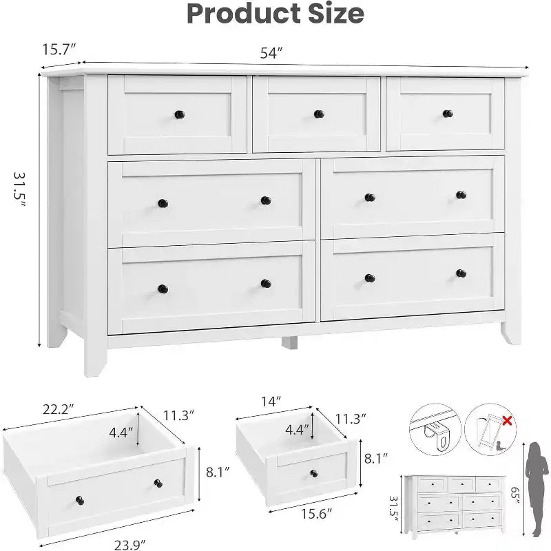 Commode moderne 7 tiroirs de 137 cm de large pour chambre, entrée, couloir, blanche