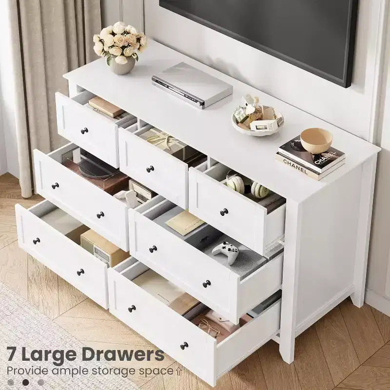 Commode moderne 7 tiroirs de 137 cm de large pour chambre, entrée, couloir, blanche